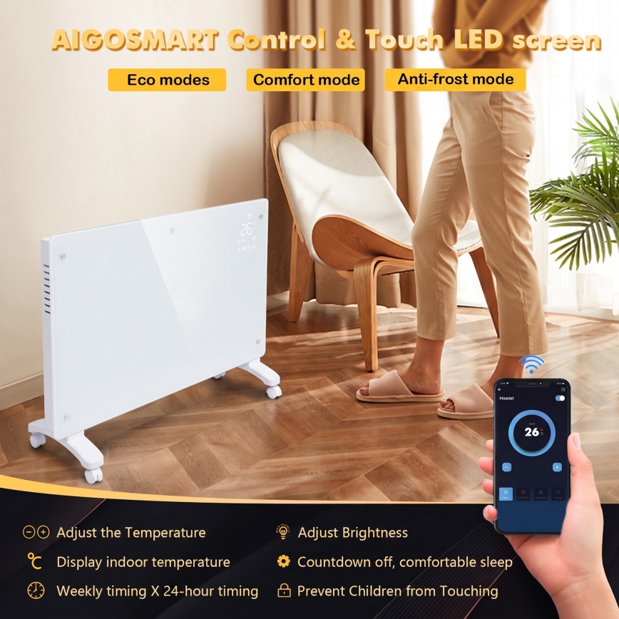 ZEVENTI - Smart väggmonterad elektrisk direktverkande värmare/konvektor med LCD-display 1000/2000W/230V Wi-Fi vit