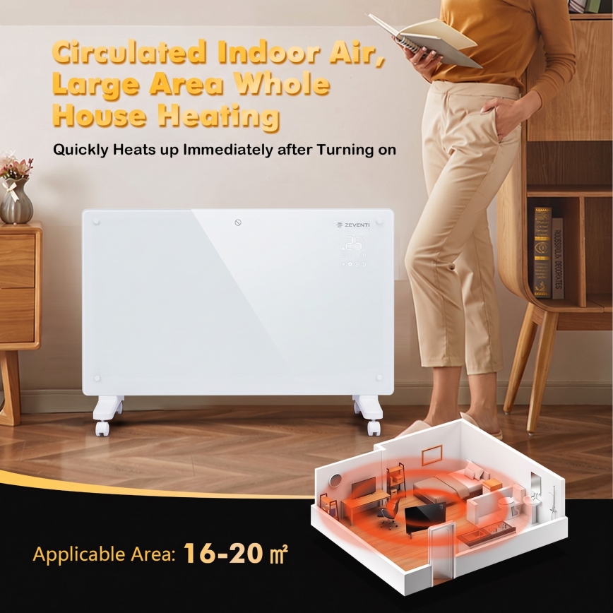 ZEVENTI - Smart väggmonterad elektrisk direktverkande värmare/konvektor med LCD-display 1000/2000W/230V Wi-Fi vit
