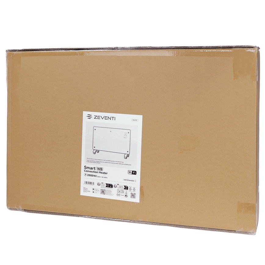 ZEVENTI - Smart väggmonterad elektrisk direktverkande värmare/konvektor med LCD-display 1000/2000W/230V Wi-Fi vit