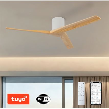 ZEVENTI - Takfläkt VELLON Wi‑Fi Tuya vit/paulowniaträ + fjärrkontroll