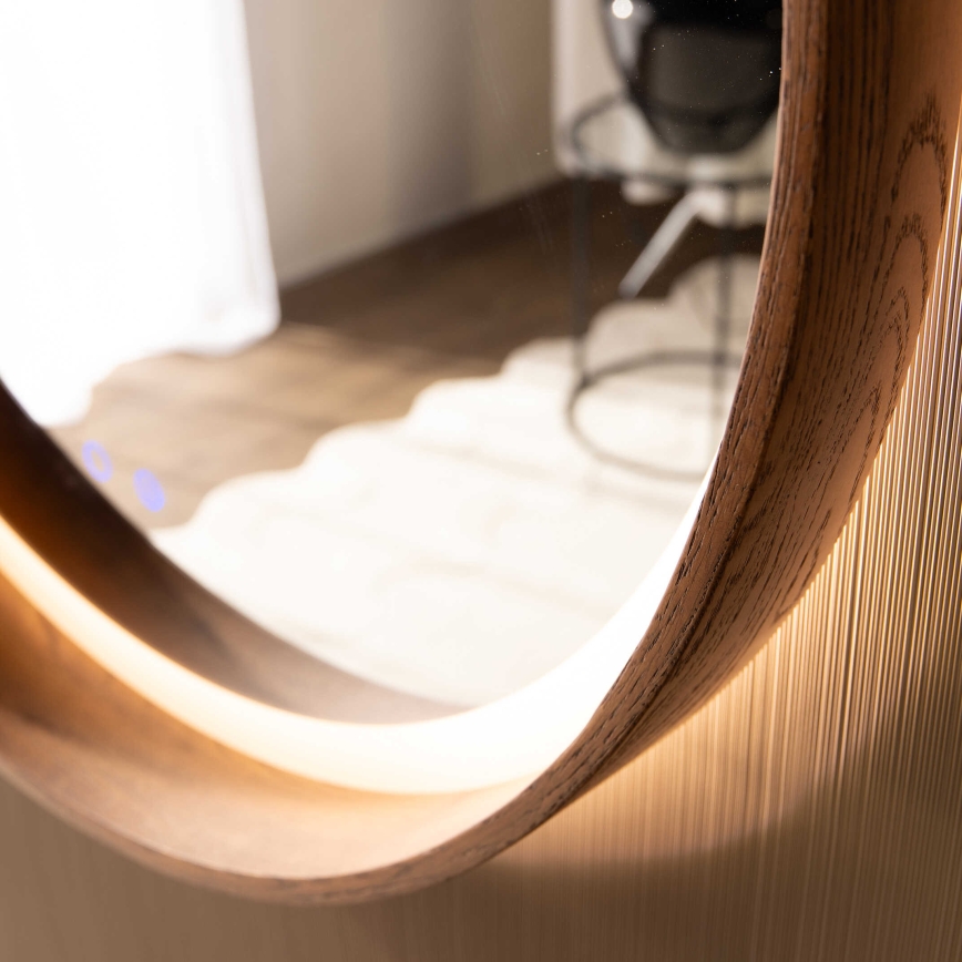 Zuma Line - Uppvärmd LED-väggspegel för badrum med inbyggd belysning, 36 W/230 V, valbar färgtemperatur 3000/4000/6000K, Ø 80 cm, IP44, ek