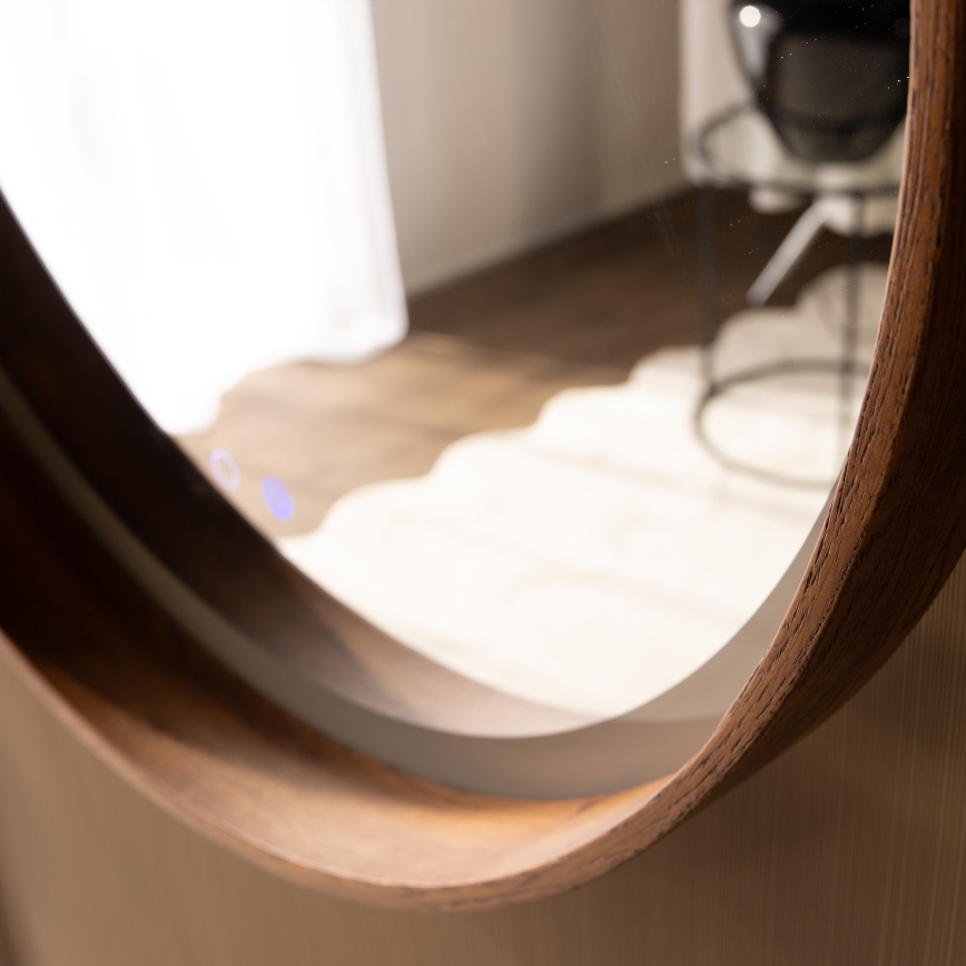 Zuma Line - Uppvärmd LED-väggspegel för badrum med inbyggd belysning, 36 W/230 V, valbar färgtemperatur 3000/4000/6000K, Ø 80 cm, IP44, ek